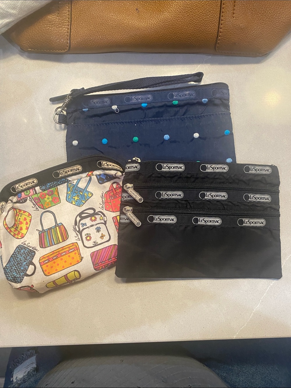 LeSportsac Black Triple Zip Pouch + Polka Dot & Printed Cosmetic Bags